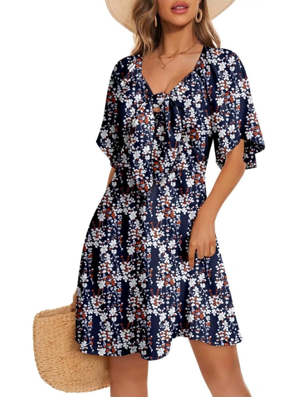Women's Multicoloured Summer Deep Short Sleeve V Neck Elegant Bow Tie Mini Dress